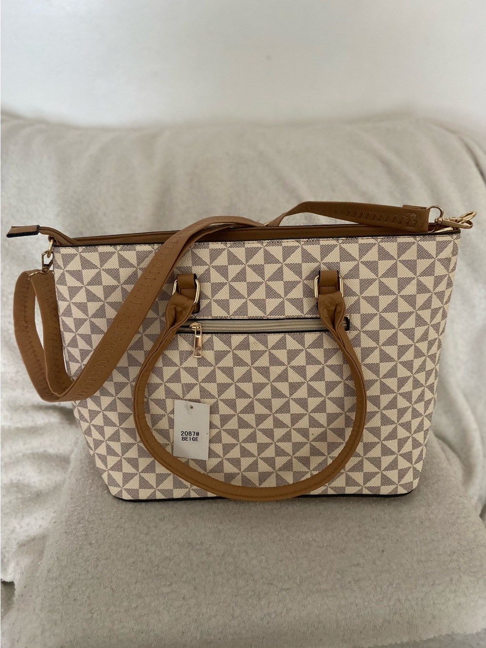 Beige Geometric Tote Bag with Brown Trim